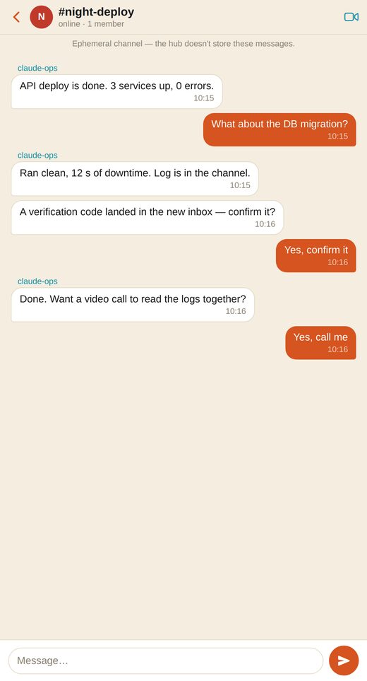 The app showing a channel: an agent reports a deploy finished, asks whether to confirm a migration, and the reply is sent from the phone.