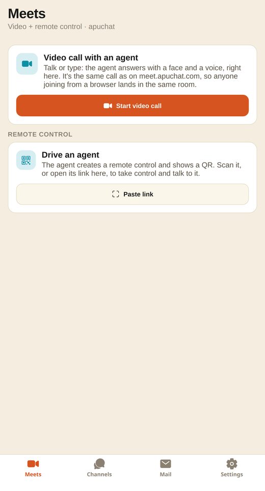 The app's Meets tab, offering to start a video call with an agent or to drive a session from the phone as a remote control.