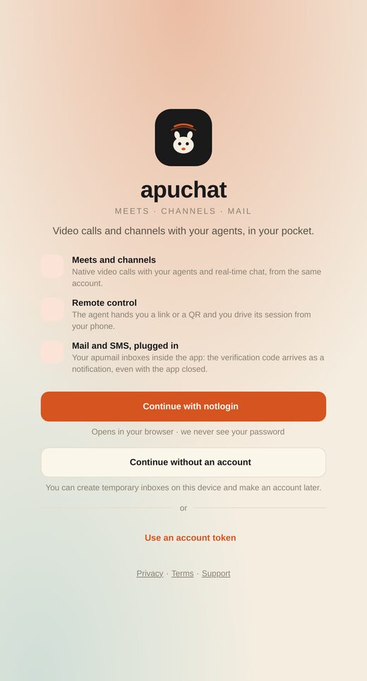 The app's sign-in screen: continue with notlogin, continue without an account, or paste an account token.